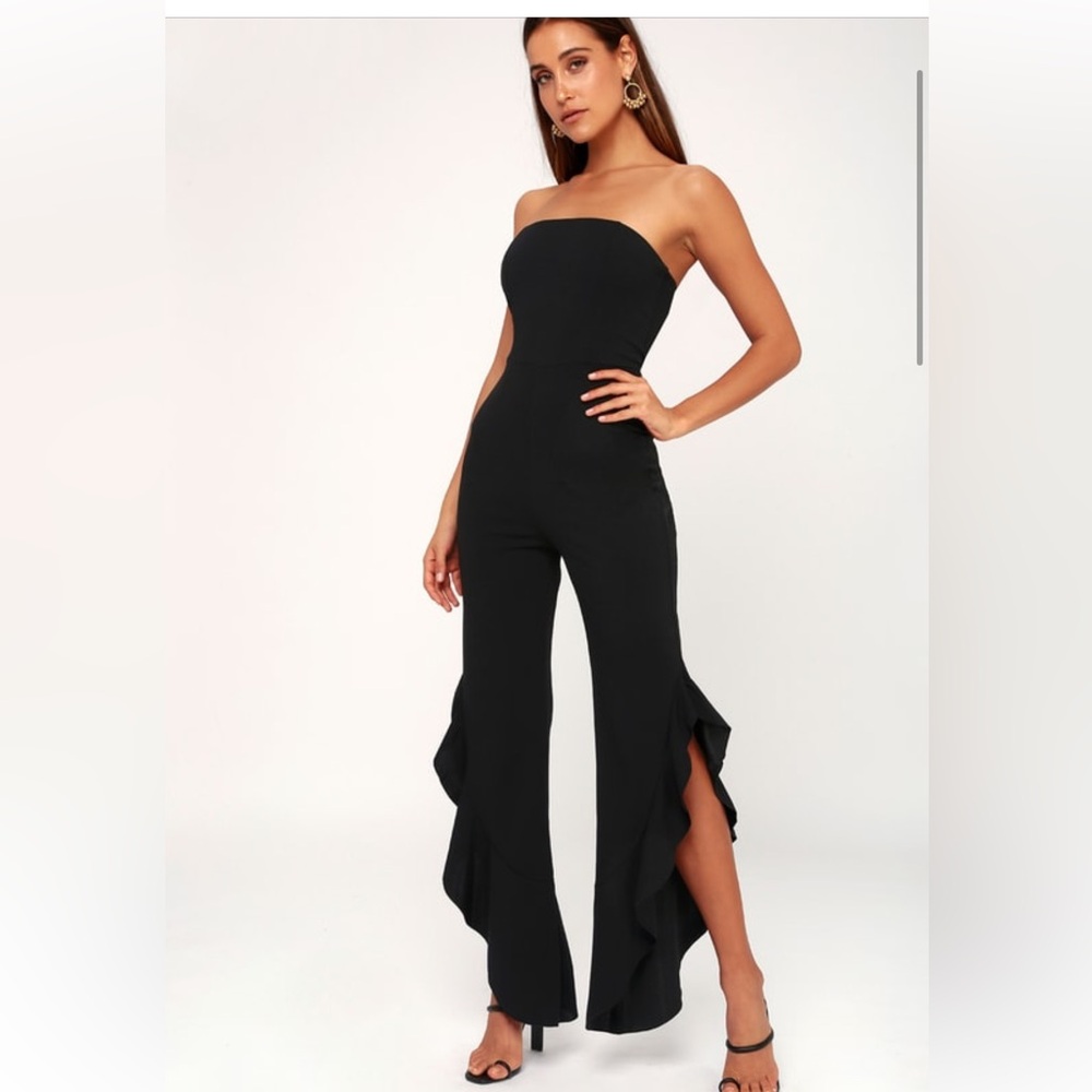 Black Jumpsuit; Strapless midnight ruffle black jumpsuit